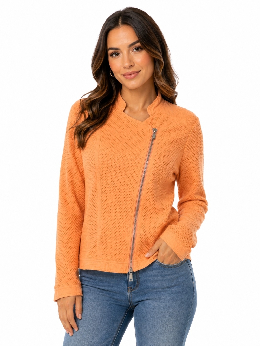 Chico's Tangerine Asymmetrical Zip Knit Jacket